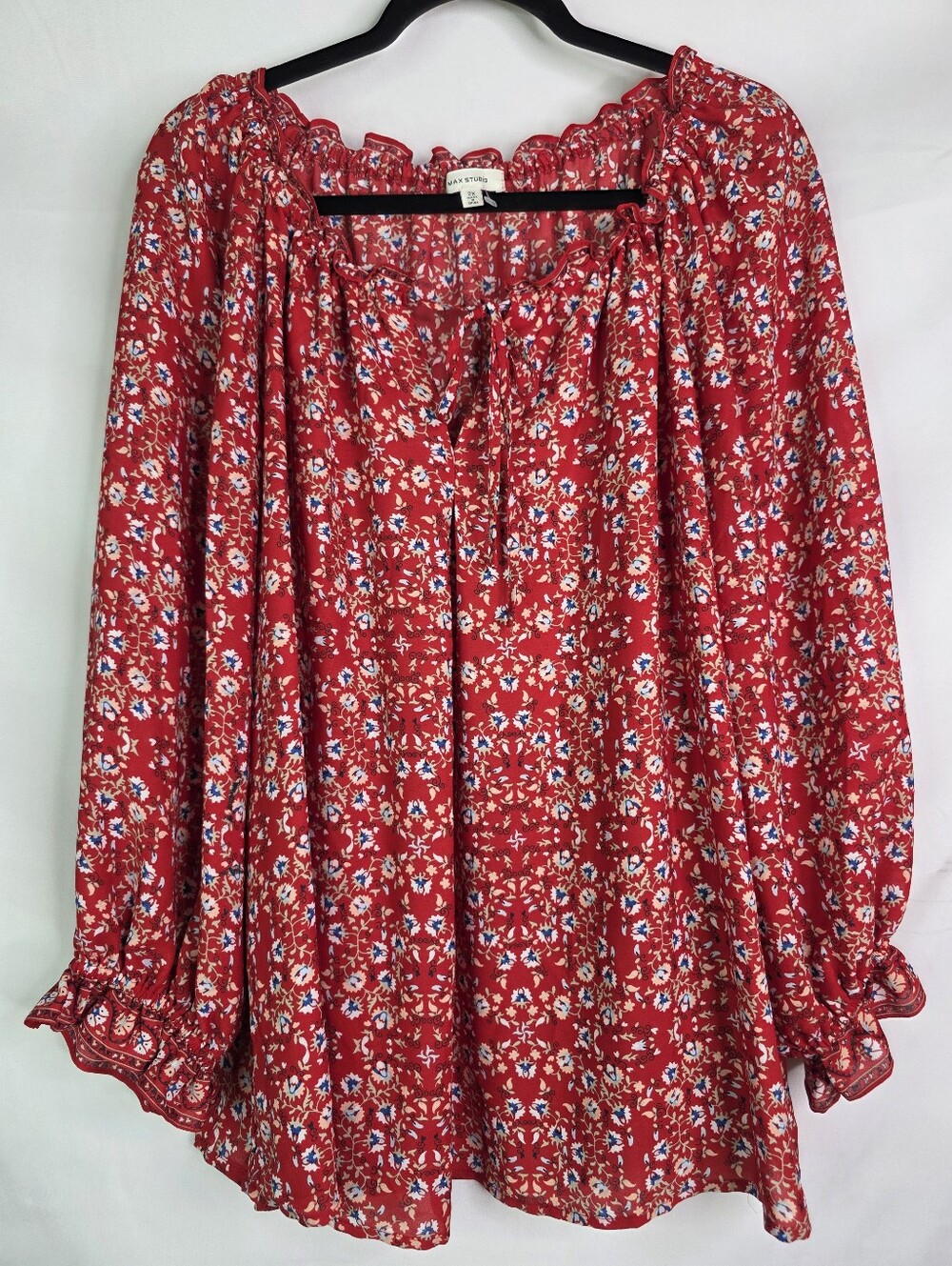 Max Studio Plus Size 2x Red Floral Peasant Top with Blue & White Blossoms